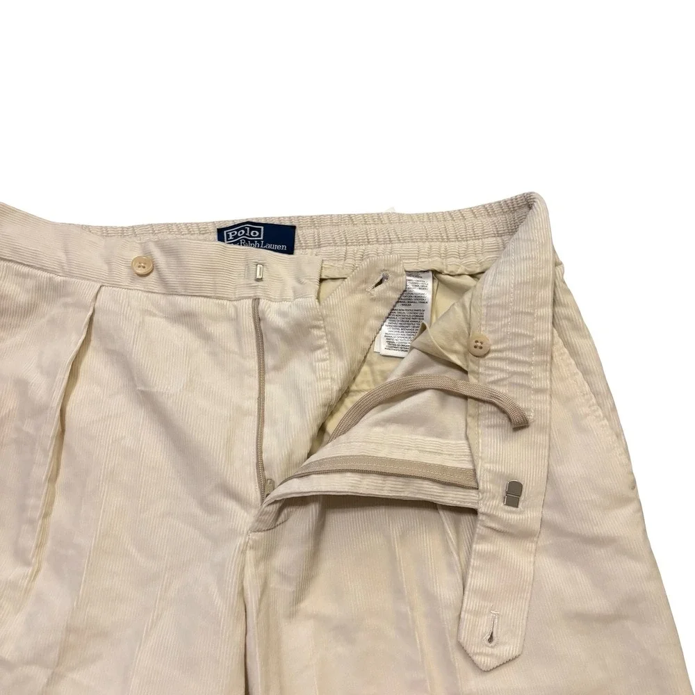 Polo Ralph Lauren Mens Cream Corduroy Pleated Pants 35x30 Straight Leg Portugal